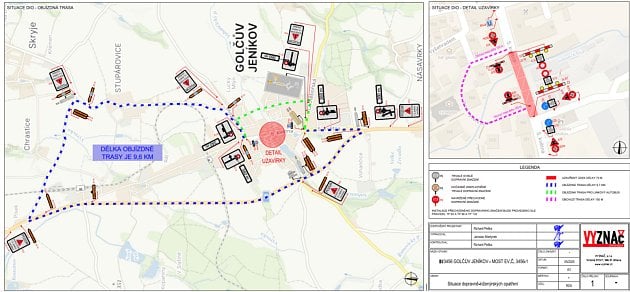 Do centra Golčova Jeníkova se řidiči až do konce října nedostanou kvůli stavbě nového mostu. Mapa objížděk. Zdroj: se souhlasem města Golčův Jeníkov