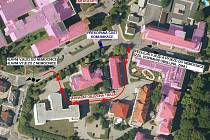 Mapka, která vyznačuje objízdnou trasu pro osobní auta a sanitky. Zdroj: poskytla Nemocnice Havlíčkův Brod Mapka, která vyznačuje objízdnou trasu pro osobní auta a sanitky. Zdroj: poskytla Nemocnice Havlíčkův Brod