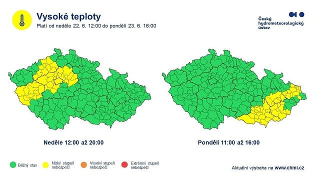 Mapa nedělní a pondělní výstrahy před vysokými teplotami.